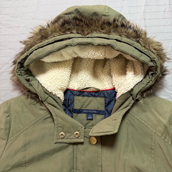Tommy Hilfiger Womens Faux Fur Trim Hood Snap Button Parka Jacket Olive Large - Picture 6 of 12
